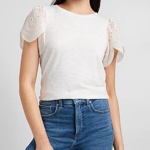 Express Cream Short Sleeve Puff Eyelet Lace Sleeve Detail Blouse Top